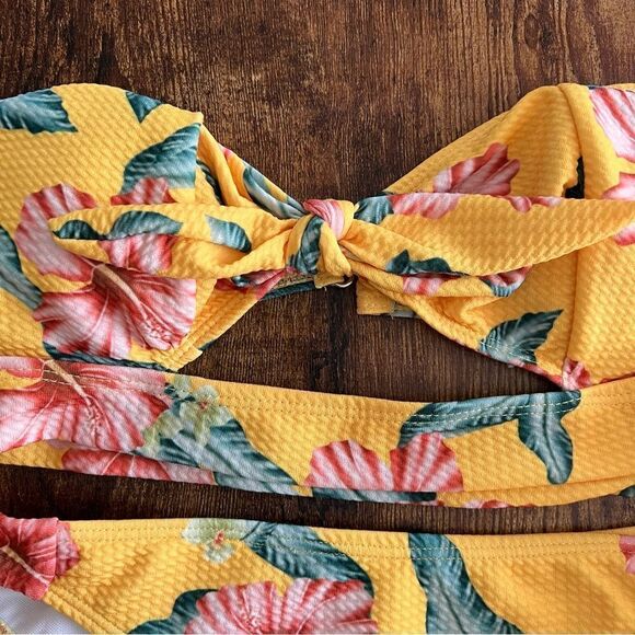 Yellow Tropical Floral Cutout Bandeau Side Tie Bikini - Picture 3 of 8